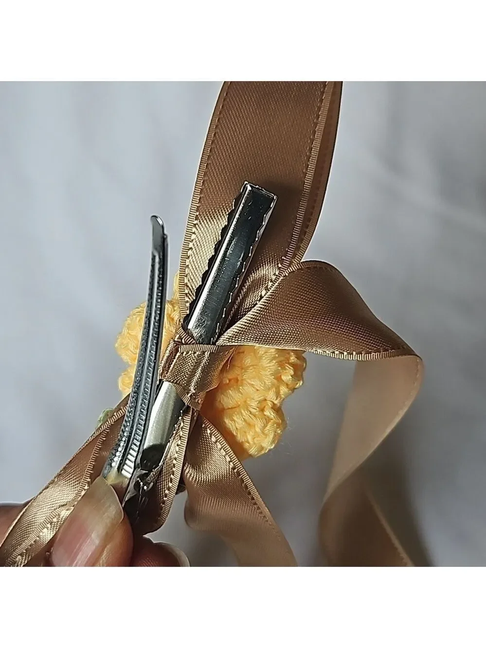 Gold Bow Hair Clip Yellow Crochet Rose Handmade